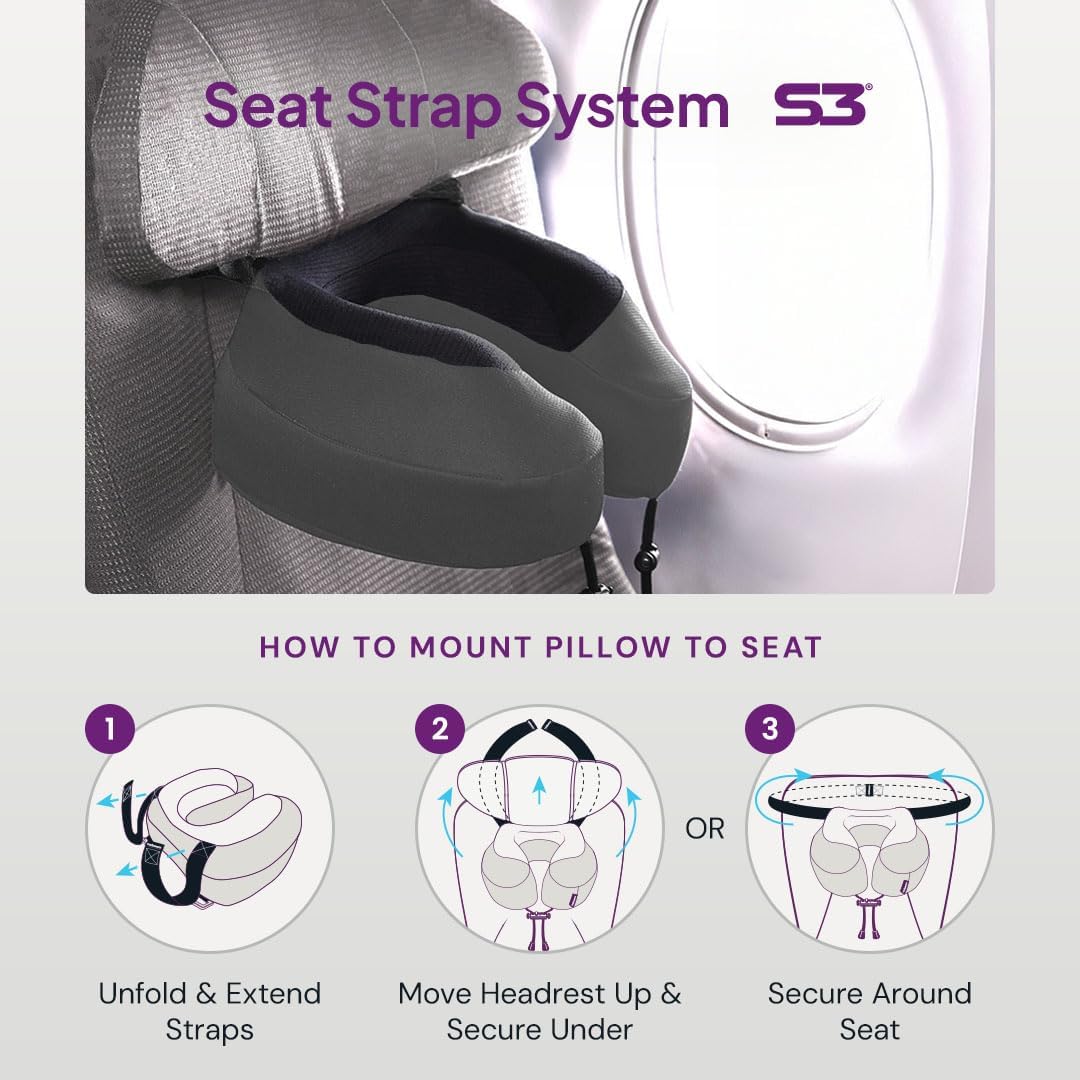 Cabeau Evolution S3 Travel Pillow - Memory Foam Neck Pillow for Airplane and Long Flights with Seat Straps for Head and Neck Support, 360 Degree Support (Steel Grey) - Image 4